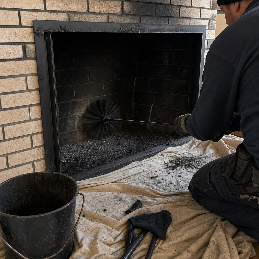 Professional chimney sweep cleaning a brick fireplace with a chimney brush