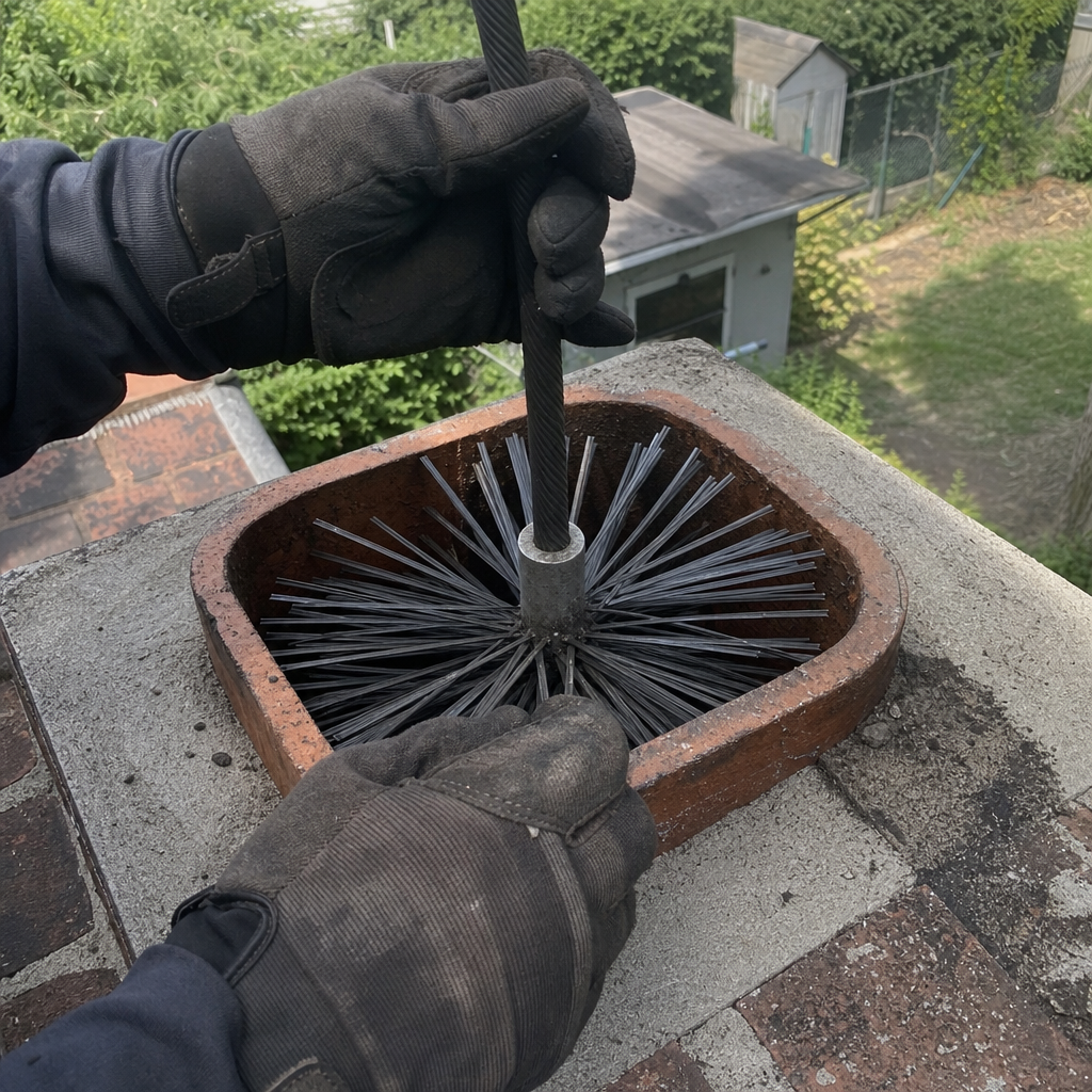Professional chimney sweep using a chimney brush to clean a flue