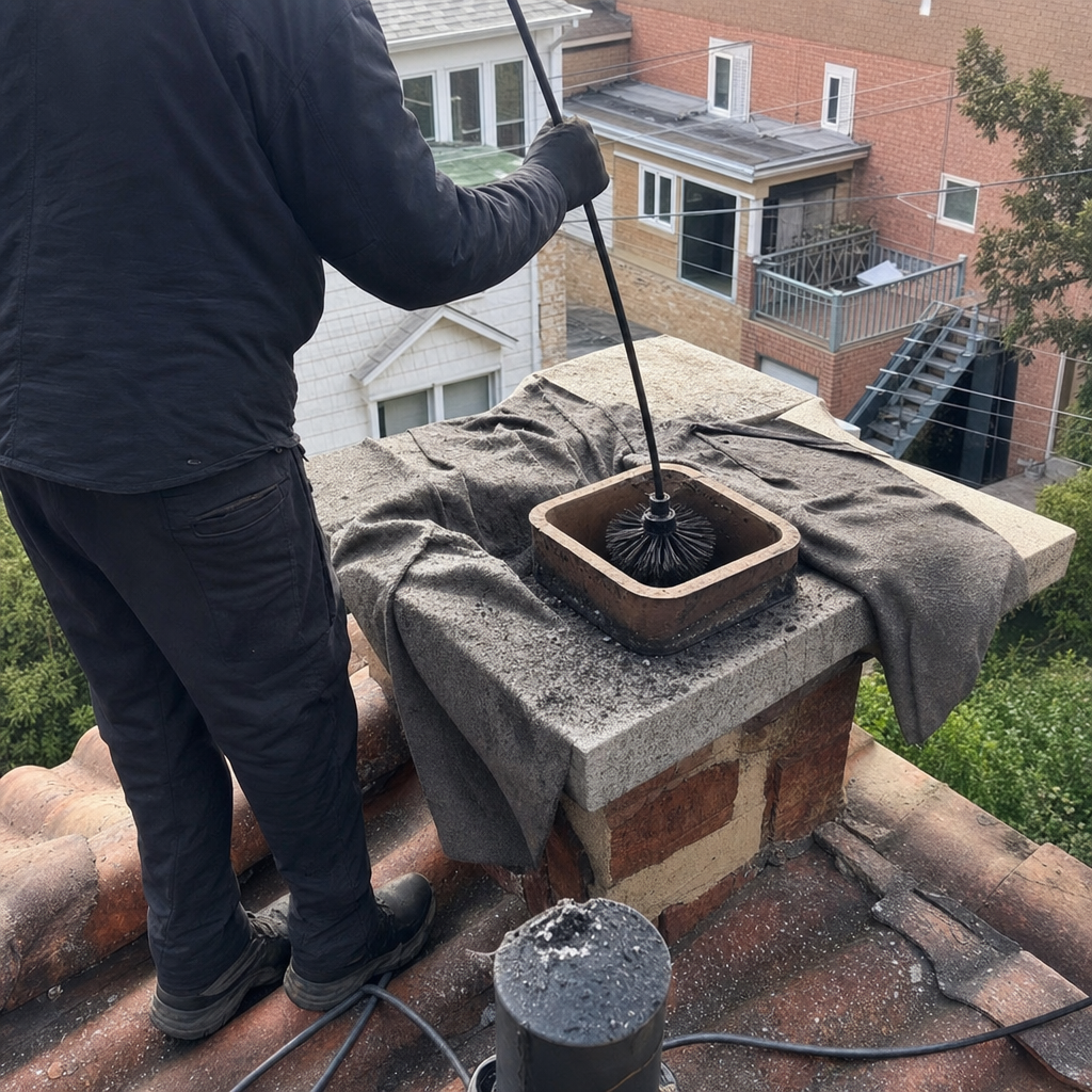 Professional chimney sweep cleaning a chimney flue on a residential rooftop
