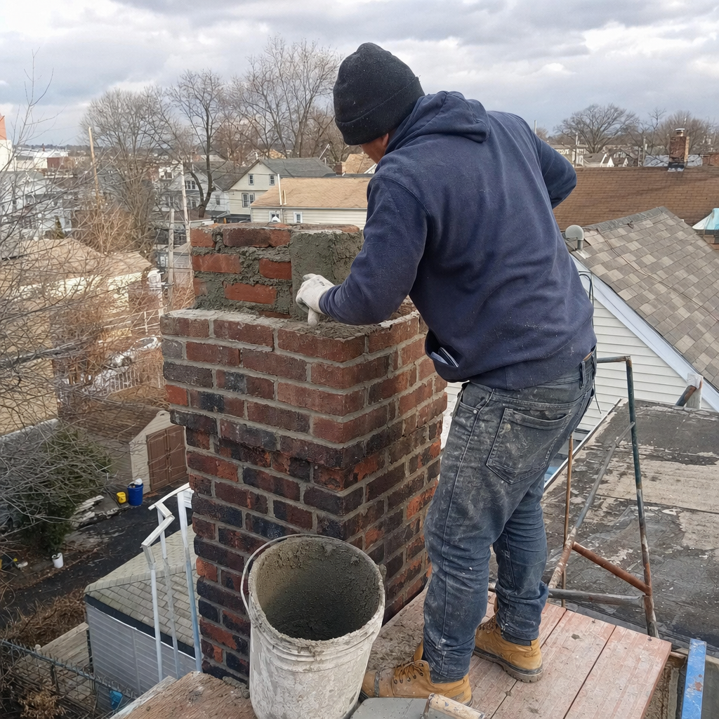 A professional bricklayer performing chimney repair work on a residential rooftop