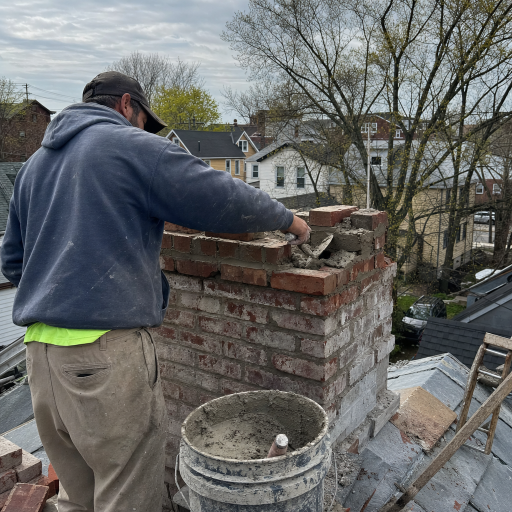 Professional mason performing chimney masonry repair on a residential rooftop