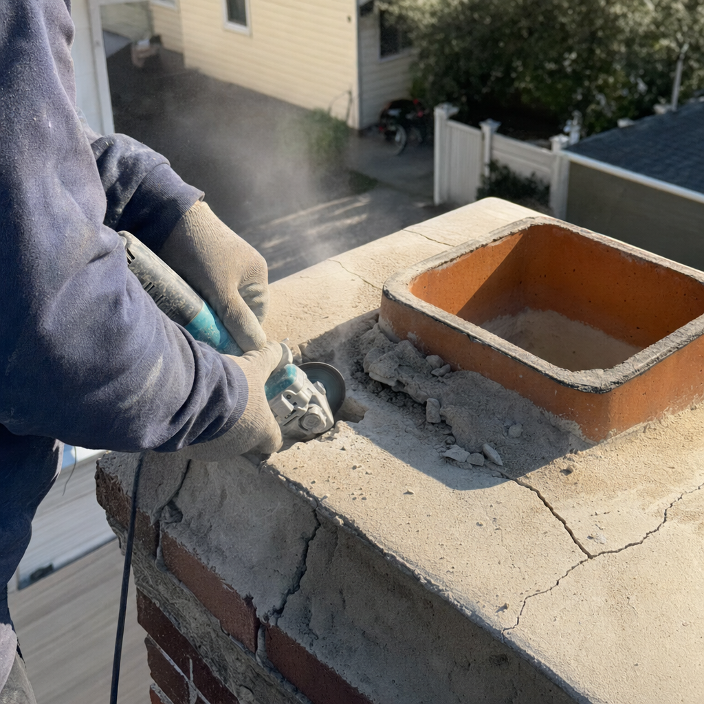 Professional performing chimney crown repair using an angle grinder