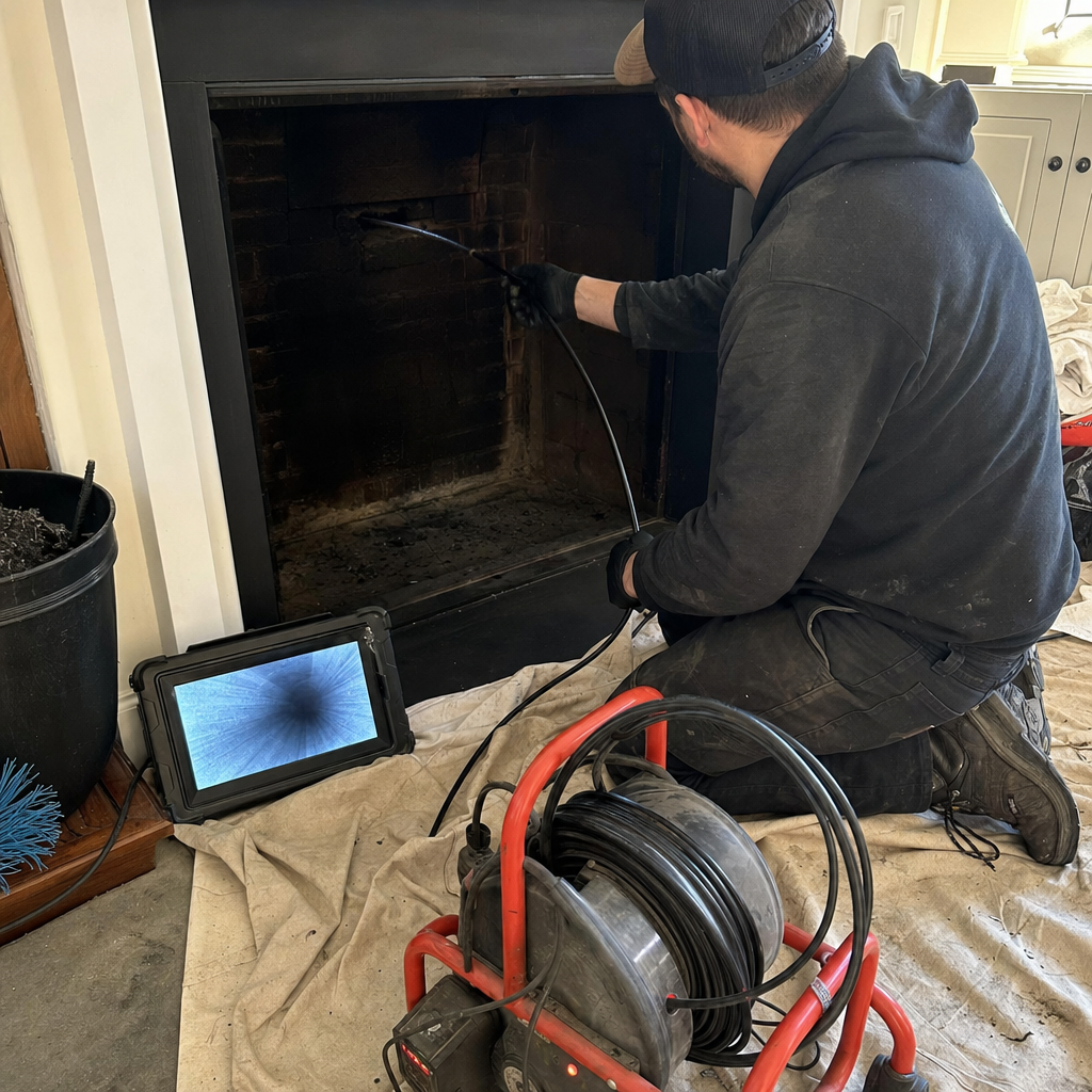 Chimney sweep performing a professional fireplace flue inspection with camera equipment