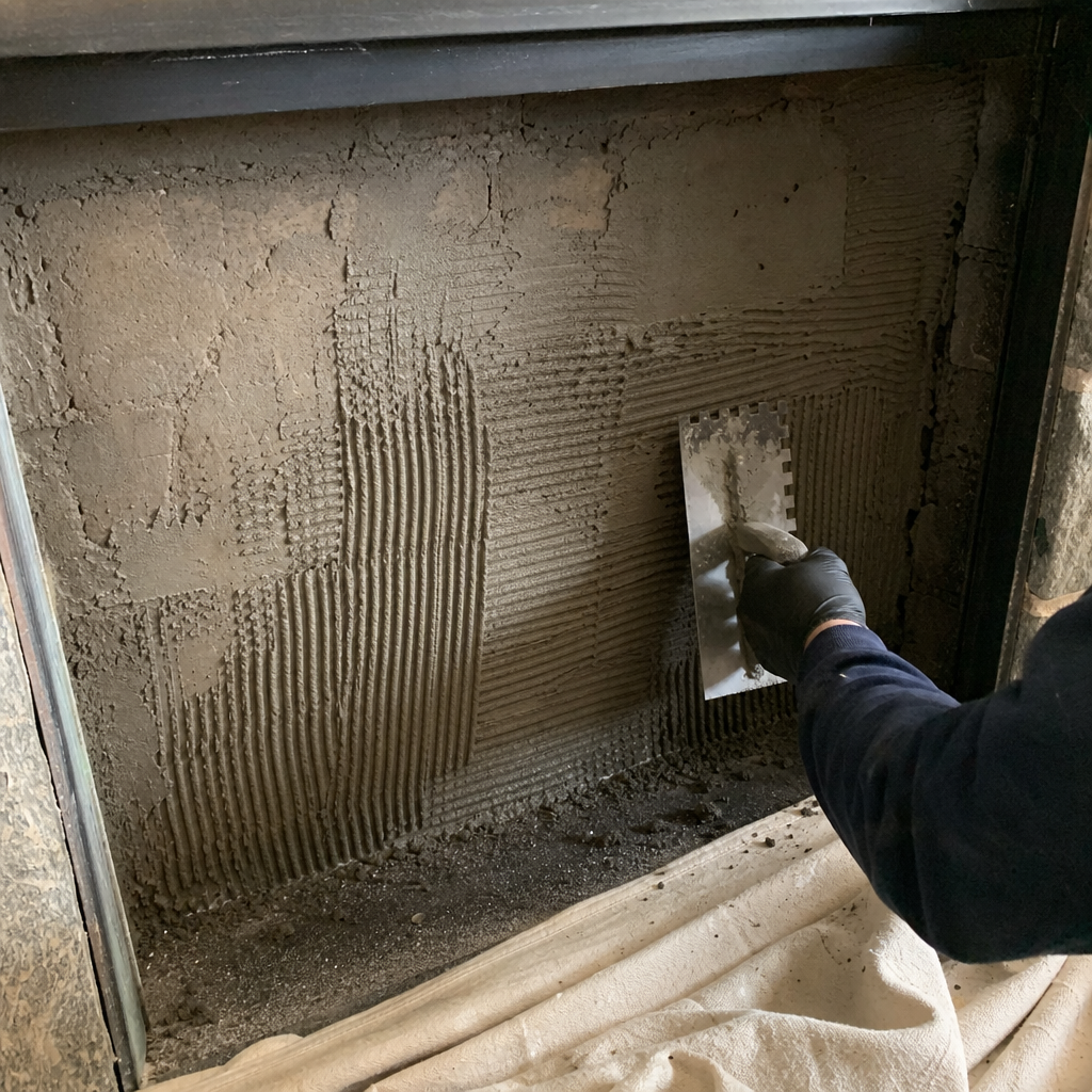 Technician applying mortar with a notched trowel during fireplace service