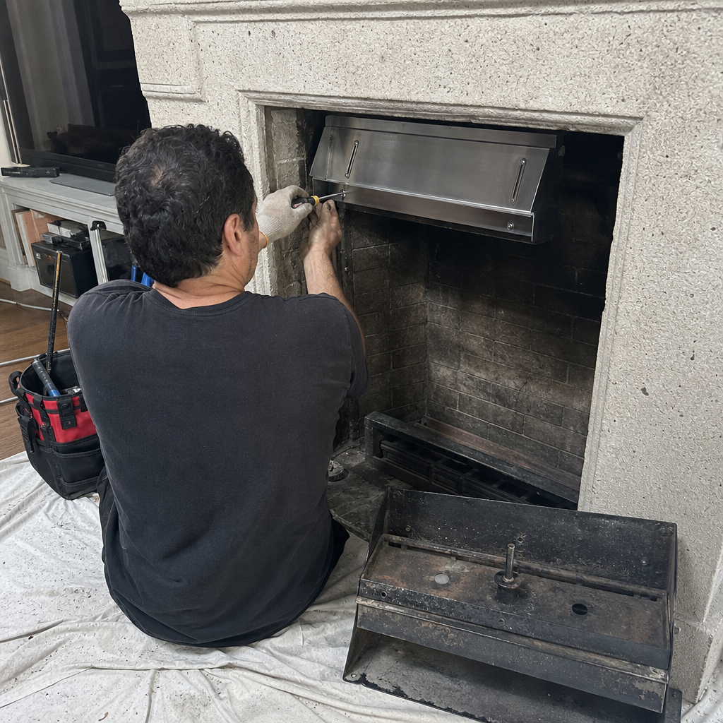 Technician performing professional fireplace maintenance and repair services